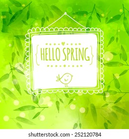 Bright green background with bamboo leaves and stems. White hand drawn frame with bird. Vector texture. Hello spring.