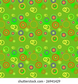 Bright green background with color spots, circles and rings