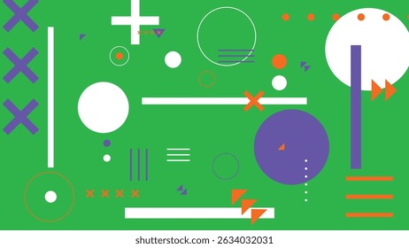 Bright green background with colorful shapes in orange, white, and purple. Perfect for vibrant digital artwork and creative design.