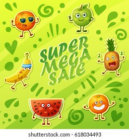 Bright green background with crazy funny fruit characters. Cheerful food emoji present super sale banner. Cartoon vector illustration: green apple, banana, cheerful orange, fool watermelon, pineapple