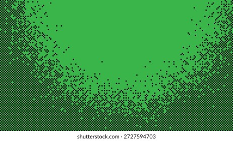 Fondo verde brillante con un borde inferior curvado hecho de partículas difuminadas de píxeles negros y patrones de mosaico geométrico para la Ilustración vectorial de diseño