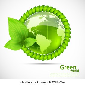 Bright green background with globe and leaves
