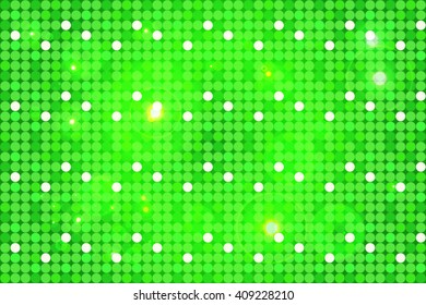 Bright green background image with a round pixel grid, flares and flashes. Vector illustration. For use in printing, flyer design, wallpaper, presentations. 