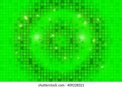 Bright green background image with a round pixel grid, flares and flashes. Vector illustration. For use in printing, flyer design, wallpaper, presentations. 