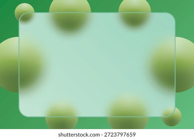 Fondo verde brillante con esferas de cal rodean un marco de vidrio esmerilado transparente. EPS 10