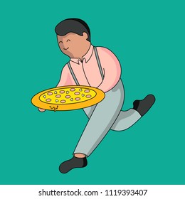 bright green background with a man with pizza in his hands