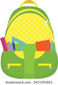 Bright green backpack with school supplies like ruler, pencils, and notebooks. Education and back to school theme vector illustration.