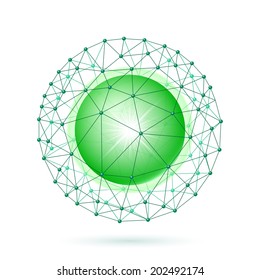 Bright green ball inside the internet grid on a white background