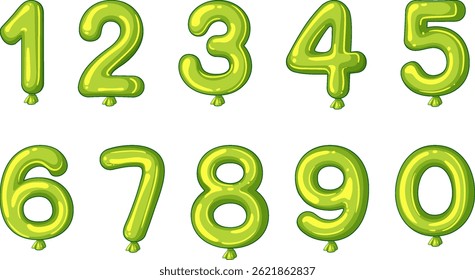 Bright green balloon numbers in a playful vector style. Perfect for educational materials and festive designs