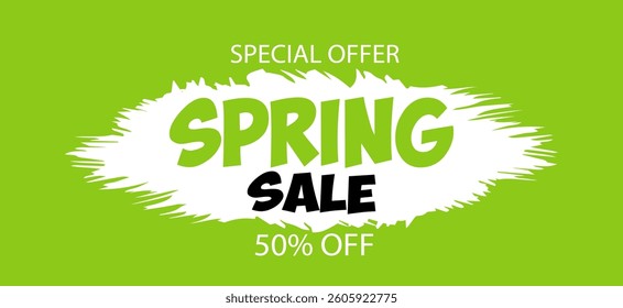Bright green banner features "Spring Sale" in bold letters with a 50% discount offer. Ideal for promoting seasonal deals, this vector illustration highlights special offers.