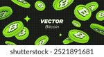 Bright Green  Bitcoin BTC are falling or flying in dark background. Flat style Coin illustration. Use for gambling games, jackpot, bank, financial illustration or banners. Vector. Cryptocurrency