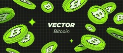 Bright Green  Bitcoin BTC are falling or flying in dark background. Flat style Coin illustration. Use for gambling games, jackpot, bank, financial illustration or banners. Vector. Cryptocurrency