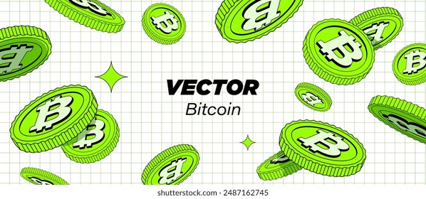 Bright green bitcoins are falling or flying in black background in . Cryptography Finance Tsoin Design. Fintech Blockchain. Flat style cartoon illustration. Use for financial illustration or banners.