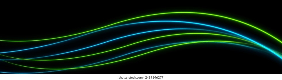 Bright green and blue neon wavy lines abstract shiny retro background. Futuristic glowing vector banner design