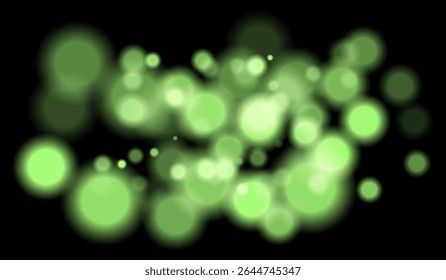 Bright green bokeh particles of multiple sizes with depth effect on dark background. Perfect for night visuals or technology-themed scenes.