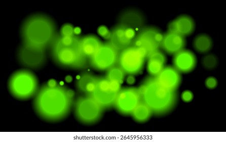 Brilhante verde bokeh partículas de múltiplos tamanhos com efeito de profundidade no fundo escuro. Perfeito para visuais noturnos ou cenas com temas de tecnologia.