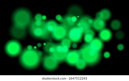 Brilhante verde bokeh partículas de múltiplos tamanhos com efeito de profundidade no fundo escuro. Perfeito para visuais noturnos ou cenas com temas de tecnologia.