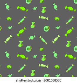 Bright green candies and lollipops on gray background seamless pattern. 