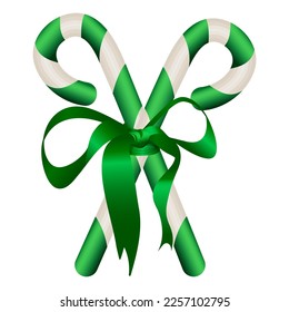 Bright green candy cane with green ribbon sweet element for holidays, festivals, parties, christmas, new year, valentine's day. st patrick's birthday