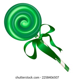 Bright green caramel on a stick with a bright green silk bow sweet element of holidays, festivals, parties, christmas, new year, st. st patrick's day birthday