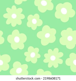 Bright Green Cartoon Flowers Background, Seamless Pattern Vector. Simple Modern Floral Print Design.