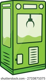 Bright green cartoon vector illustration of a classic arcade claw machine featuring the mechanical grabber ready for play. This vintage amusement game typically dispenses prizes inside the glass cabinet. Great for concepts related to games and entertainment.