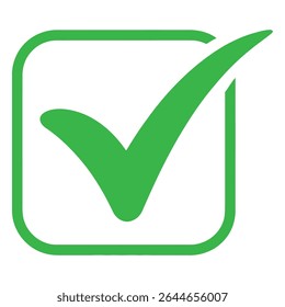 A bright green check mark is prominently displayed within a slightly rounded green square frame against a white background The style is simple and flat