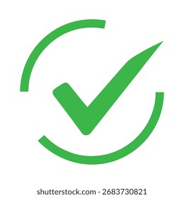 Uma marca de seleção verde brilhante dentro de um contorno circular, simbolizando conclusão, sucesso, confirmação ou uma escolha positiva contra um fundo branco limpo.