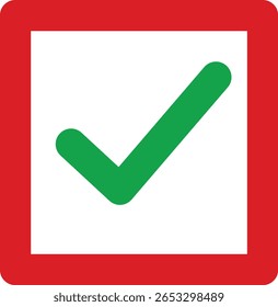 A bright green checkmark is prominently displayed within a bold red square border. This graphic symbol of approval or completion is isolated on a clean white background.