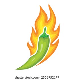 A bright green chili pepper is surrounded by intense flames, showcasing the vivid interplay of colors. The fiery effect emphasizes the spice and heat associated with chili peppers.