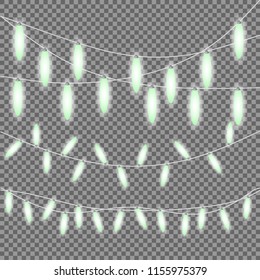 Bright green Christmas lights isolated design elements. Glowing string lights for Party, Holiday, New Year, birthday or greeting card design. Garlands, Christmas decorations. Template or mock up.