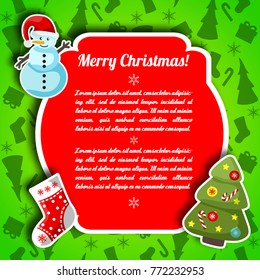Bright green christmas postcard with red text field decorated tree stocking and snowman flat vector illustration