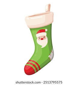 A bright green Christmas stocking featuring a cheerful Santa face is displayed. This fun and festive decoration adds charm to holiday festivities and gift giving.