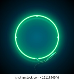 Bright Green Circle Frame. Neon signboard. Retro neon shape sign on blue background. Ready for your design, greeting card, banner, advertising. Vector illustration.