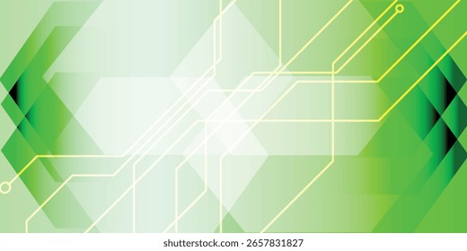 Fondo de circuito verde brillante con líneas brillantes y superposiciones geométricas, ideal para la tecnología, conceptos de diseño digital y abstracto o presentaciones.