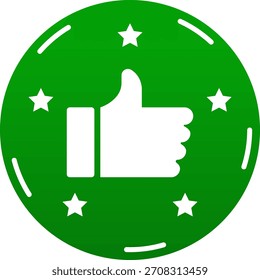 Bright green circular thumbs up icon with white stars symbolizing positive five star feedback approval and satisfaction rating ideal for reviews reward systems quality 