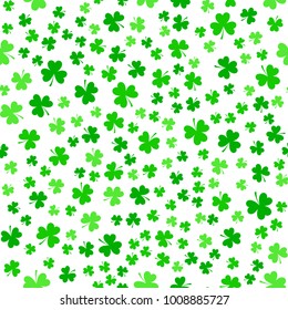 Bright green clover leaves, seamless pattern. Minimal vector background. Flat illustration of clover icon.