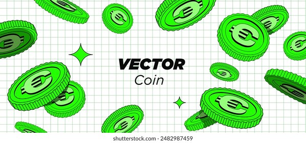 Bright Green Coins are falling or flying in white background. Flat style cartoon illustration. Use for gambling games, jackpot, bank, financial illustration or banners. Vector. Isolated elements