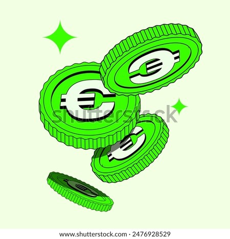 Bright green Coins in flat cartoon style. Isolated illustration of currency or dollar. Flying coins or Money. Applicable for gambling games, jackpot, bank, financial illustration or banners. Vector