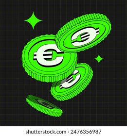 Monedas de color verde brillante en estilo plano. ilustración 90s de moneda o dólar en estilo retro y2k . Dinero volador. Aplicable para juegos de azar, jackpot, banco, ilustración financiera o Anuncios. Vector 