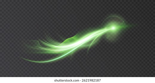 Trilha de cometa verde brilhante com brilho suave e listras de luz no fundo transparente. Forma de energia curva com efeito de faísca mágica e movimento inspirado na fantasia.

