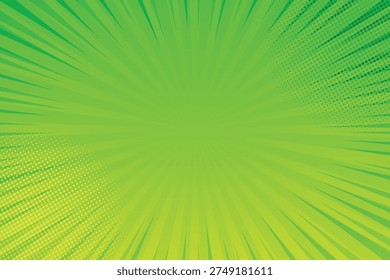 Bright green comic style background with radial burst and halftone dots. Perfect for pop art design, comic banners, advertisements, posters, presentations, and dynamic promotional backgrounds.