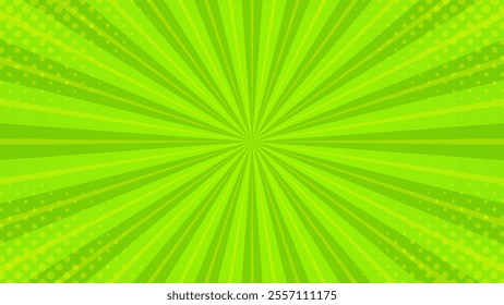 Bright green comic sunburst effect background with halftone. Pop art comic-style vector background. Suitable for templates, sale banners, events, ads, web and pages