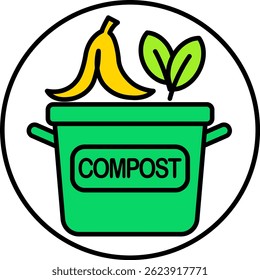 Ícone de composto verde brilhante com casca de banana e folhas, representando reciclagem orgânica ecologicamente correta e conceitos de zero desperdício.
