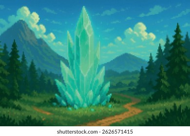 Bright green crystal surrounded by pine trees and distant mountains under a sunny sky. Pixel background for fantasy 2D games and open-world scenes.