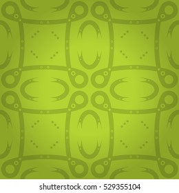 Bright green decorative seamless pattern background in artistic style. Compound puzzle repeatable backdrop. Modern design. Shining, symmetrical design for web, game, banner or other purpose.
