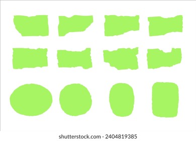 Bright green design elements. Jagged paper pieces. Torn rectangles, ovals, circles isolated on white backdrop