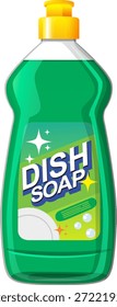 Botella de jabón verde brillante del plato con el casquillo amarillo, diseño limpio de la etiqueta, estilo plano del Vector