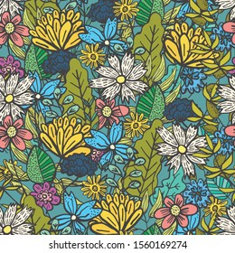 Bright green doodle floral seamless pattern with mess of color flowers and leaves. Childish summer texture with blossoms and herbs bouquet for textile, wrapping paper, background, surface, wallpaper