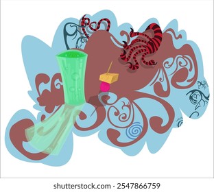 A bright, green drink with snack and a creepy, funky hand as a creature; vintage, elegant background. This cartoon illustration can be used as a logotype for cafes, bars, artparties. Vector, isolated.